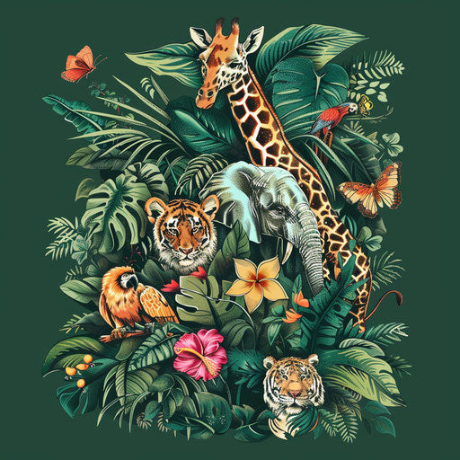 Sketch of lush, green jungle themed flat tattoo with exotic animals