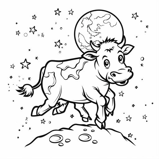 Cartoon cow jumps over the moon