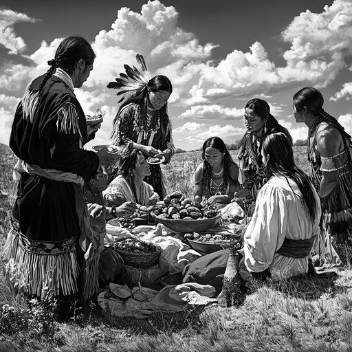 The first Thanksgiving with Pilgrims and Native Americans sharing food under the open sky