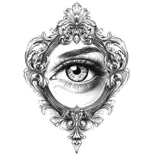 Eye tattoo with baroque frame on pure white arm