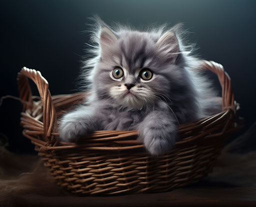 Fluffy kitten in grey basket, light maroon and dark indigo style, strong facial expression 31:25