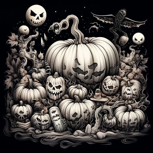 Halloween pumpkins and Halloween candy on an elegantly drawn coloring page