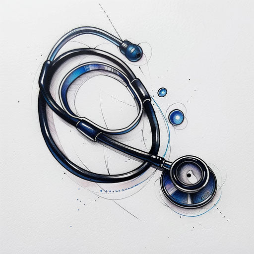 Minimalist flat tattoo sketch of a glossy black stethoscope with subtle blue highlights