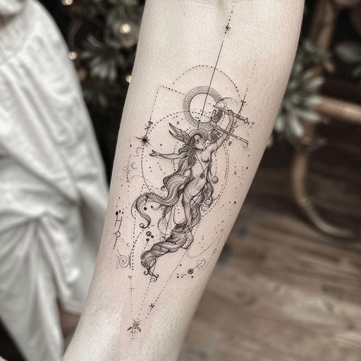 Cultural flat tattoo sketch of the Aquarius constellation with traditional mythological imagery