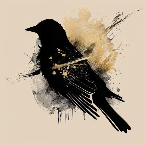 Minimalist flat tattoo sketch of a blackbird in silhouette, clipart style with a splash of gold foil effect