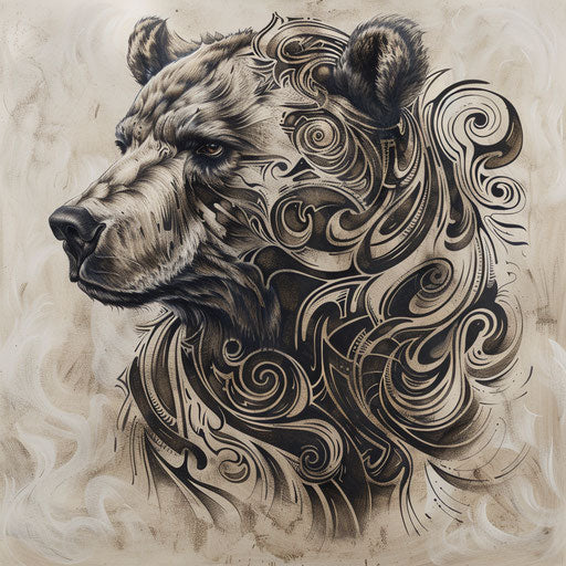 Bear with tribal design and ornaments, ink drawing