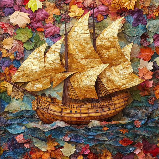 A grand ship of golden leaves sailing through colorful autumn