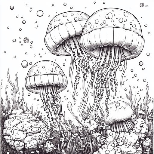Jellyfish family exploring the ocean, in the style of Mamoru Hosoda, Coloring book page