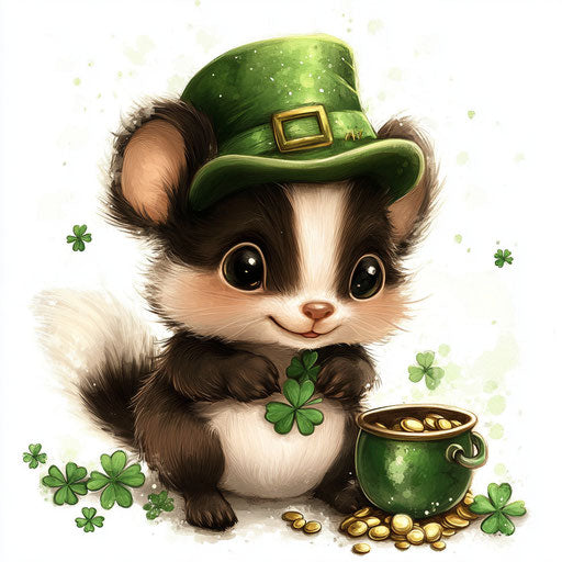 St. Patrick's Day baby skunk with green hat and pot of gold on white background