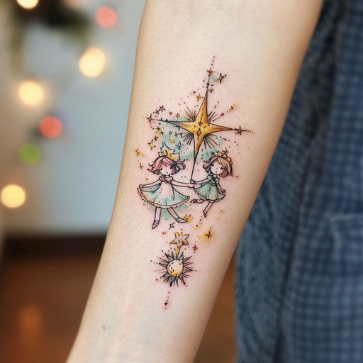 Whimsical flat tattoo sketch of the North Star with fairy tale characters and magical pastel colors