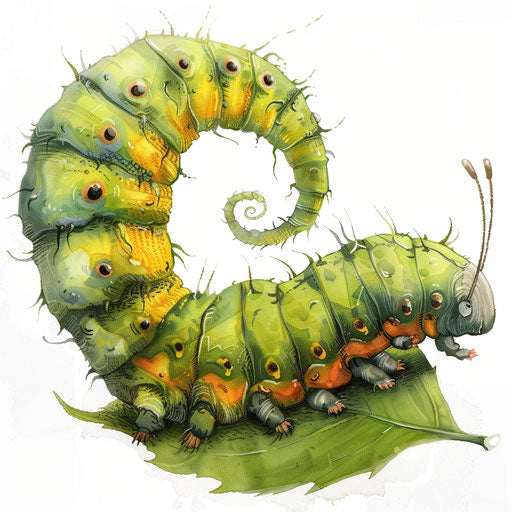 Cartoon caterpillar munching on vibrant leaf