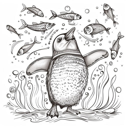 Cheerful penguin juggling fish while balancing on one foot.