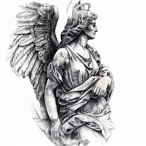 A photorealistic guardian angel tattoo on a pure white background