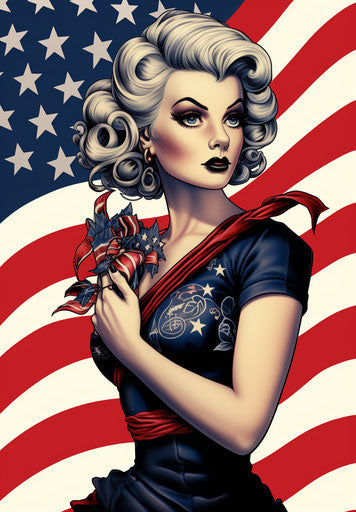 American woman with flag tattoo in highly stylized style