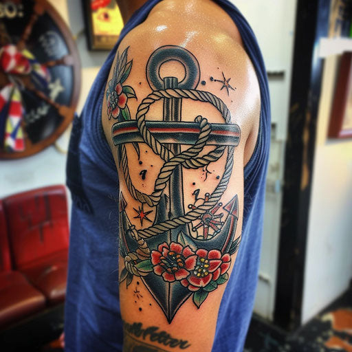 Half sleeve tattoo for men in the style of Sailor Jerry featuring an anchor and rope