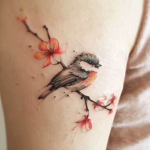 Charming tattoo sketch of a small bird perched on a branch, soft watercolor effect