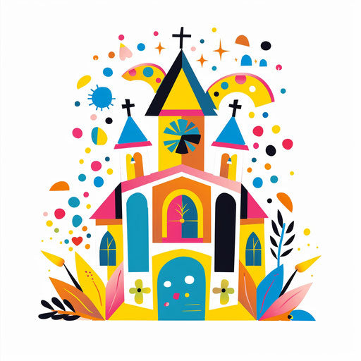 Whimsical church logo with playful elements and bright colors