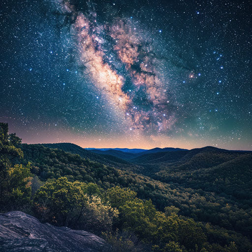 The Ozark Mountains under a clear, starry night, the Milky Way stretching across the sky, in the style of Trey Ratcliff