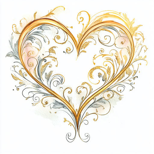 Heart with gold and silver swirls, pastel colors clipart