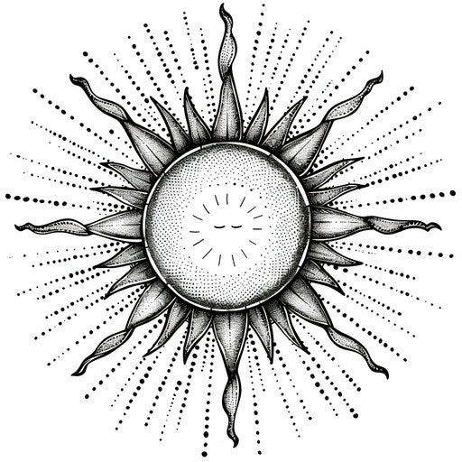 Clipart style tattoo sketch of a rising sun with rays extending into fine dotted lines
