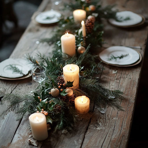 Rustic table with festive centerpiece for holiday meal