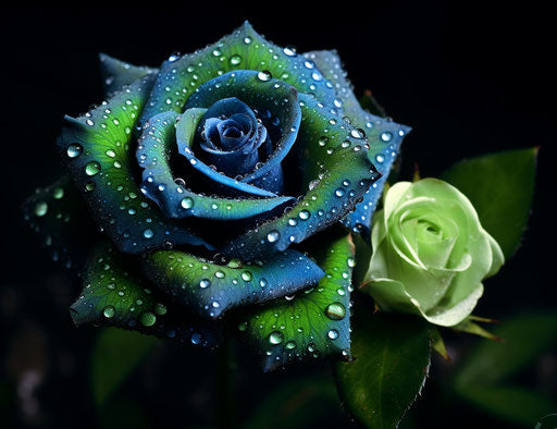 Rose and green flower in blue and silver, beautiful color mix