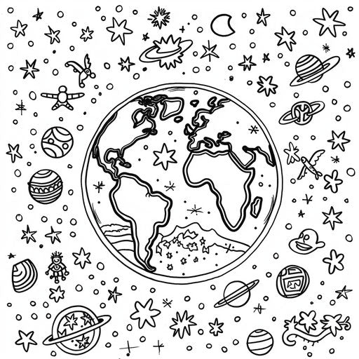 Earth with cultural symbols, unity & diversity, coloring page