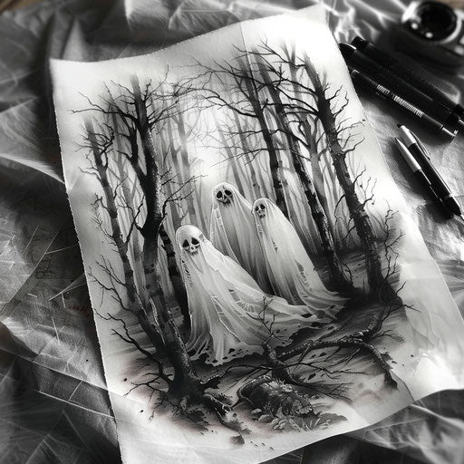 Haunted forest with ghostly figures lurking, detailed tattoo on white background
