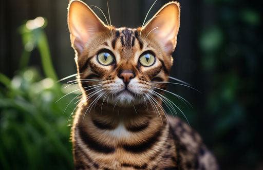 Bengal cat gazing at camera, exaggerated facial features