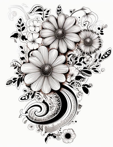 Black and white floral design drawing with flower
