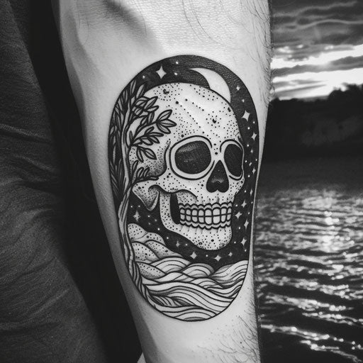 Tranquil flat tattoo sketch of a Calavera in a serene night