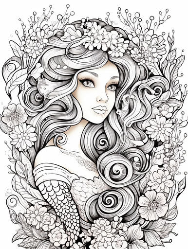 Coloring page of a mermaid princess, coralpunk style, elegant brushwork
