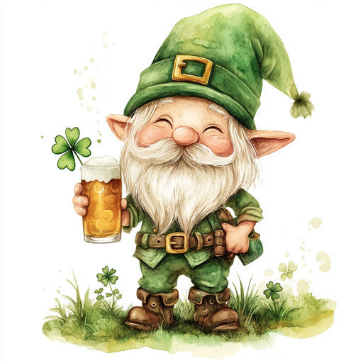 St. Patrick's Day, cute gnome with beer and clover leaf, wearing green hat