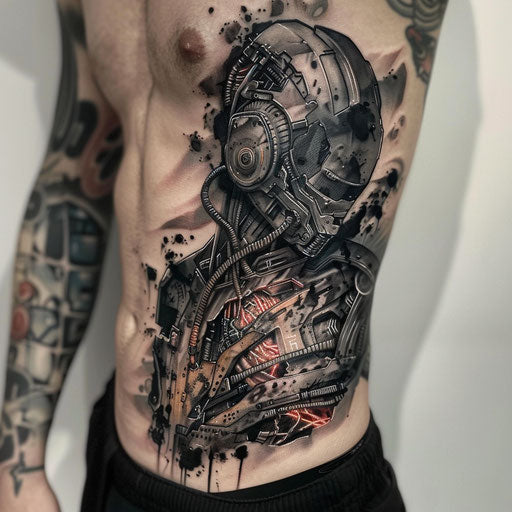 Stomach tattoos for men with a cyberpunk theme