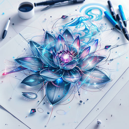 Futuristic floral tattoo design, with metallic and neon elements, on a white surface.