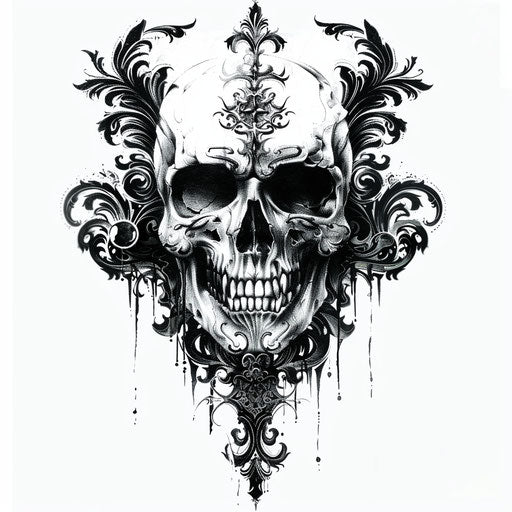 Intricately designed skull tattoo with gothic and tribal mix