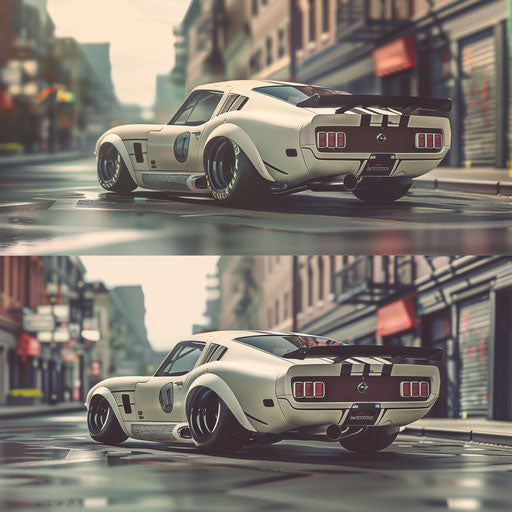 Shelby Daytona tuned for drifting with wide tires and custom spoiler, sliding around an urban drift course.