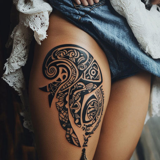 Female thigh tattoos Ami James style bold tribal design