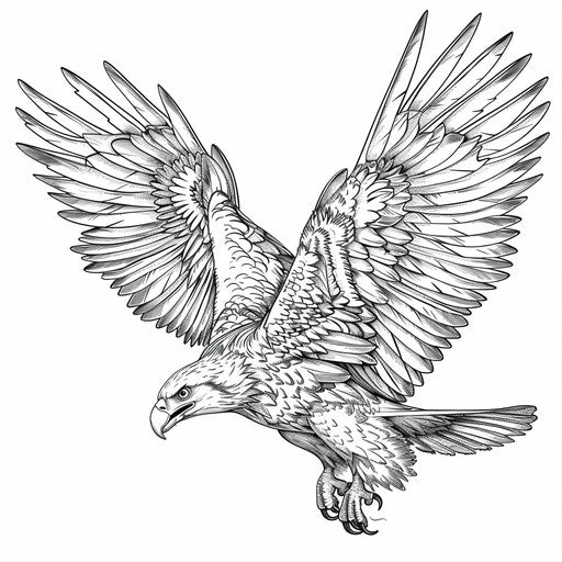 Eagle ready to hunt, wings spread wide. Coloring book page