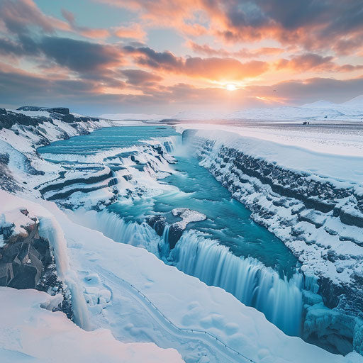Gullfoss Falls in winter with icy surroundings