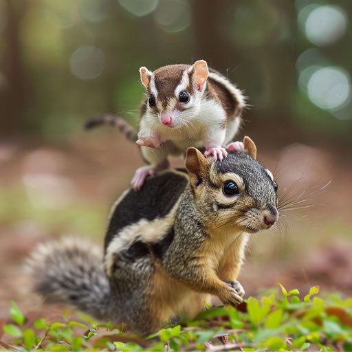 Sugar glider racing on the back of a squirrel in an epic challenge
