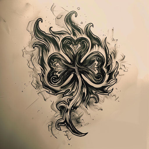 Vintage comic book style tattoo sketch of a heroic black clover emblem with dynamic shading