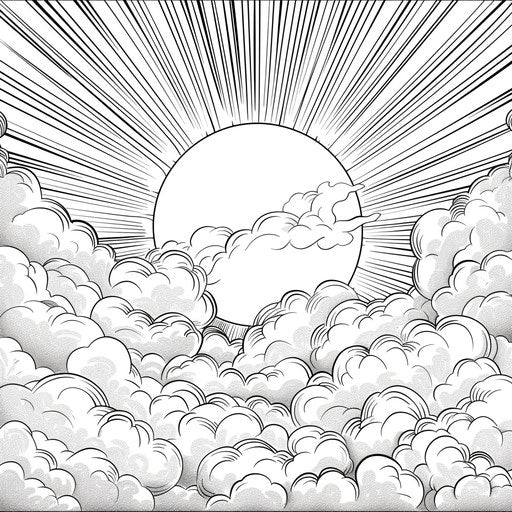 Fluffy clouds with sun peeking through. Coloring book page