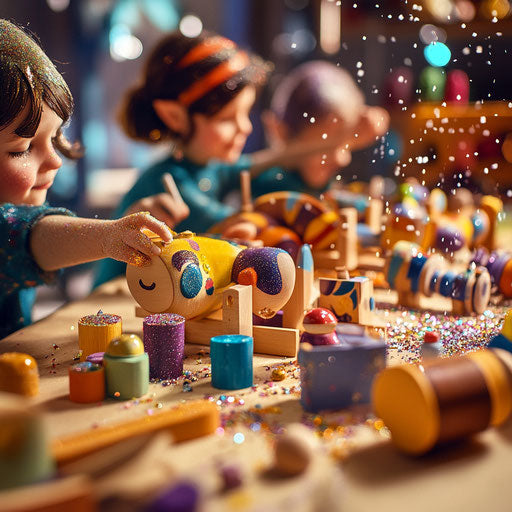 Wooden toy workshop: elves assembling toys with joy