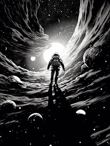 Astronaut floating in galaxy in black and white
