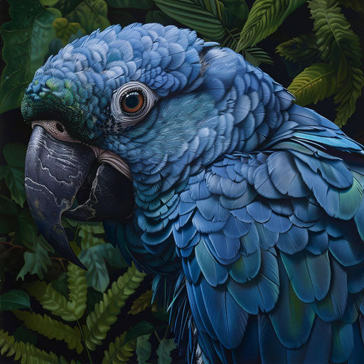 Close-up of a Spix's macaw in lush foliage