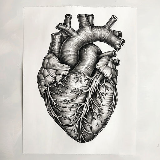 Black and grey shading anatomical heart tattoo design