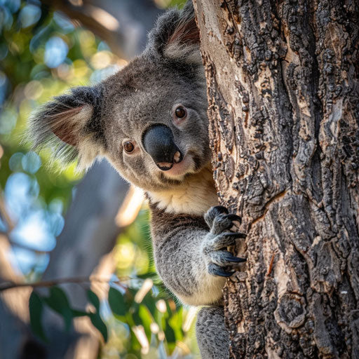 A koala playing hide and seek behind a tree