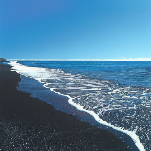 Black sand beach with gentle waves under clear blue sky