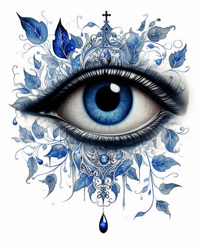 Black eye with dark blue leaves on white background, intricate black and white illustrations